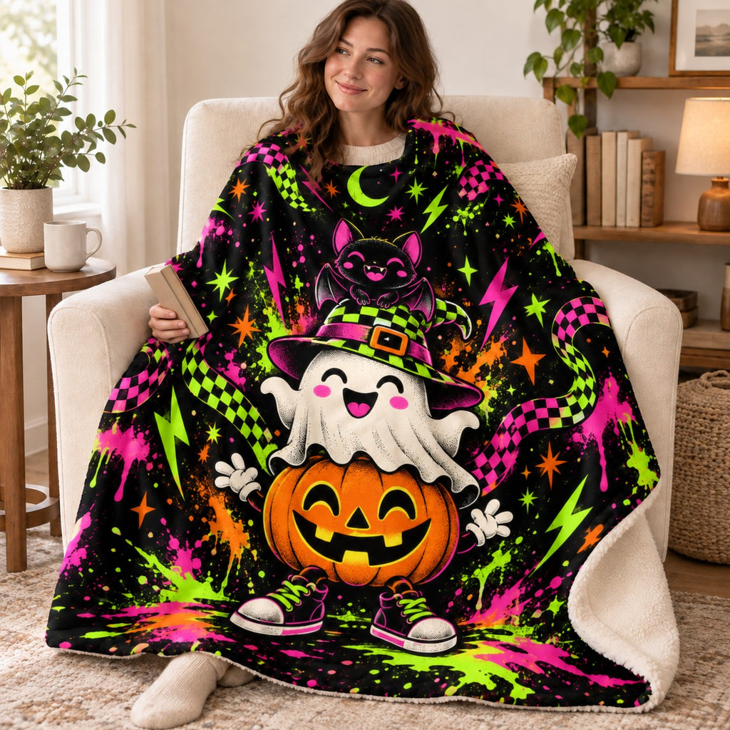 Halloween Neon Totem blanket, wrapped around a reader