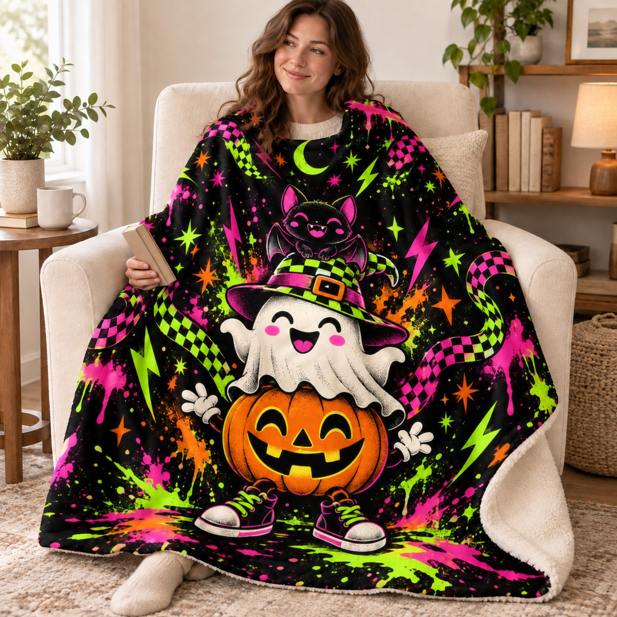 Halloween Neon Totem blanket, wrapped around a reader