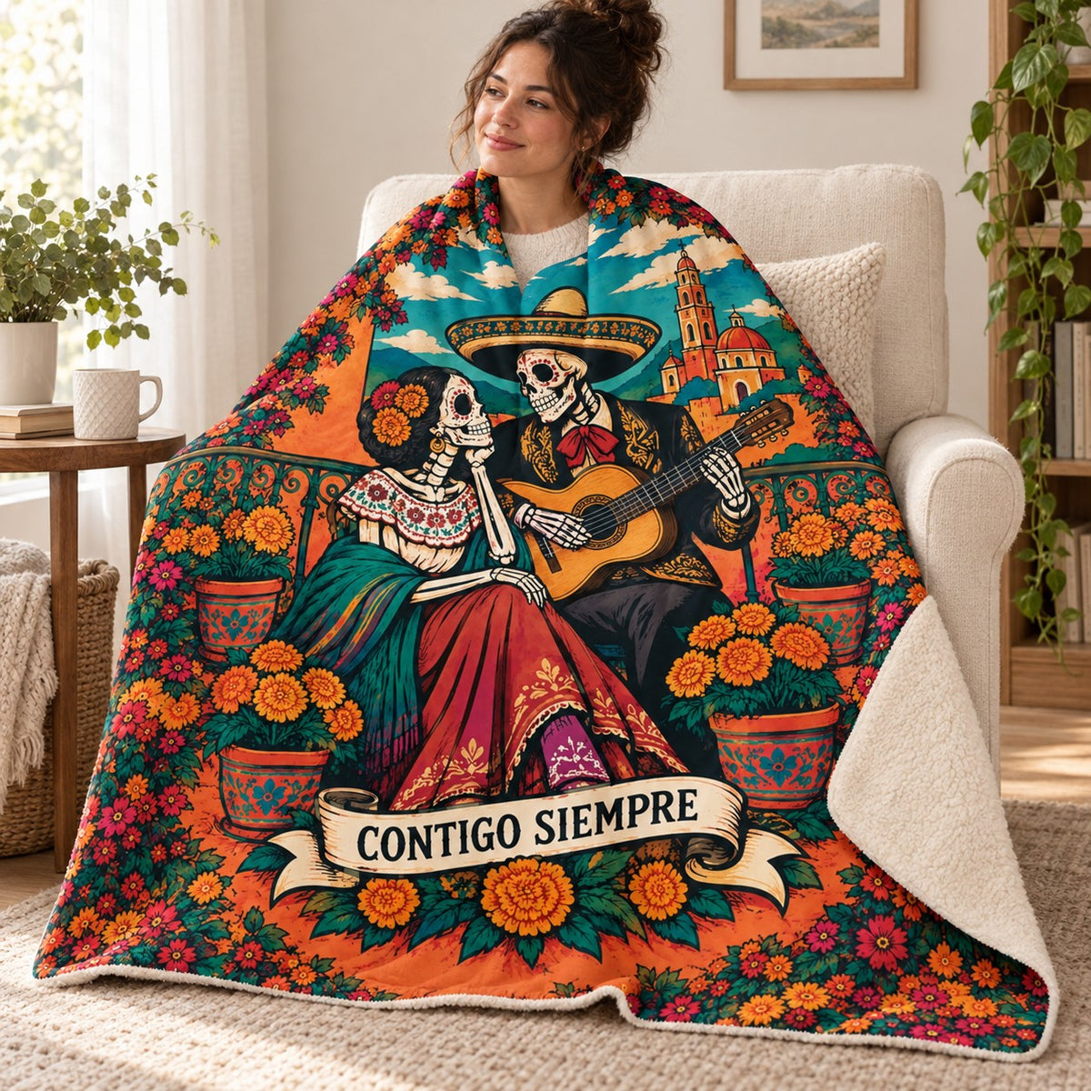 The Serenade blanket, wrapped around a reader