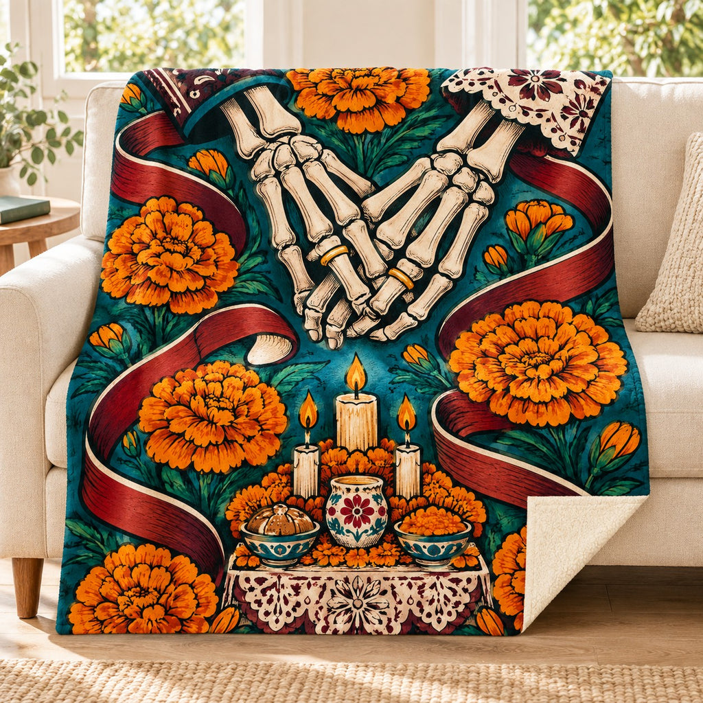 Linked Hands blanket, on a sofa