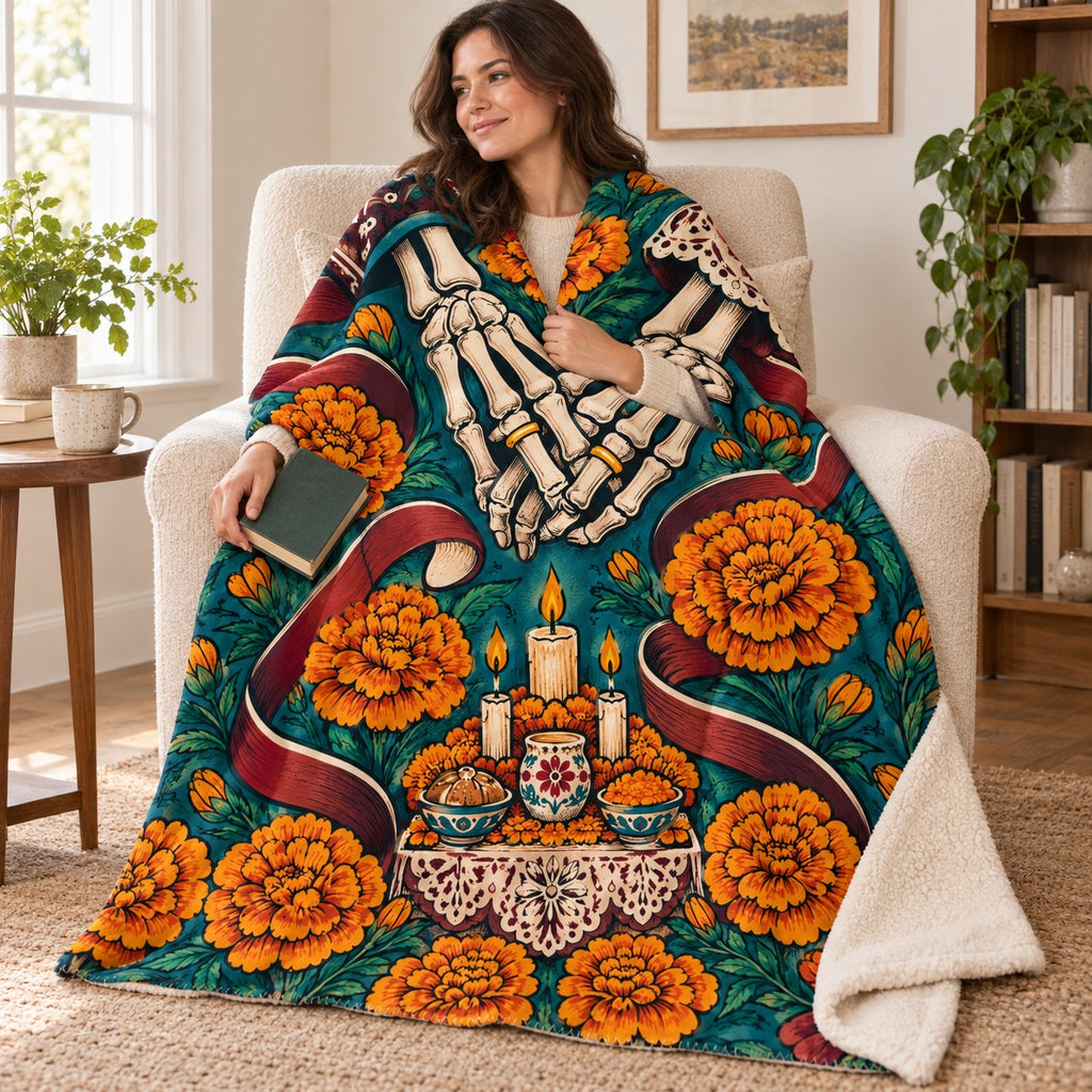 Linked Hands blanket, wrapped around a reader