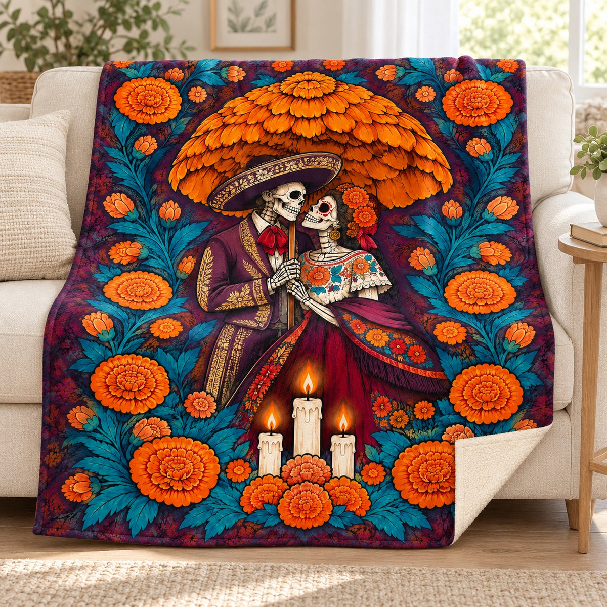 Umbrella of Petals blanket, on a sofa