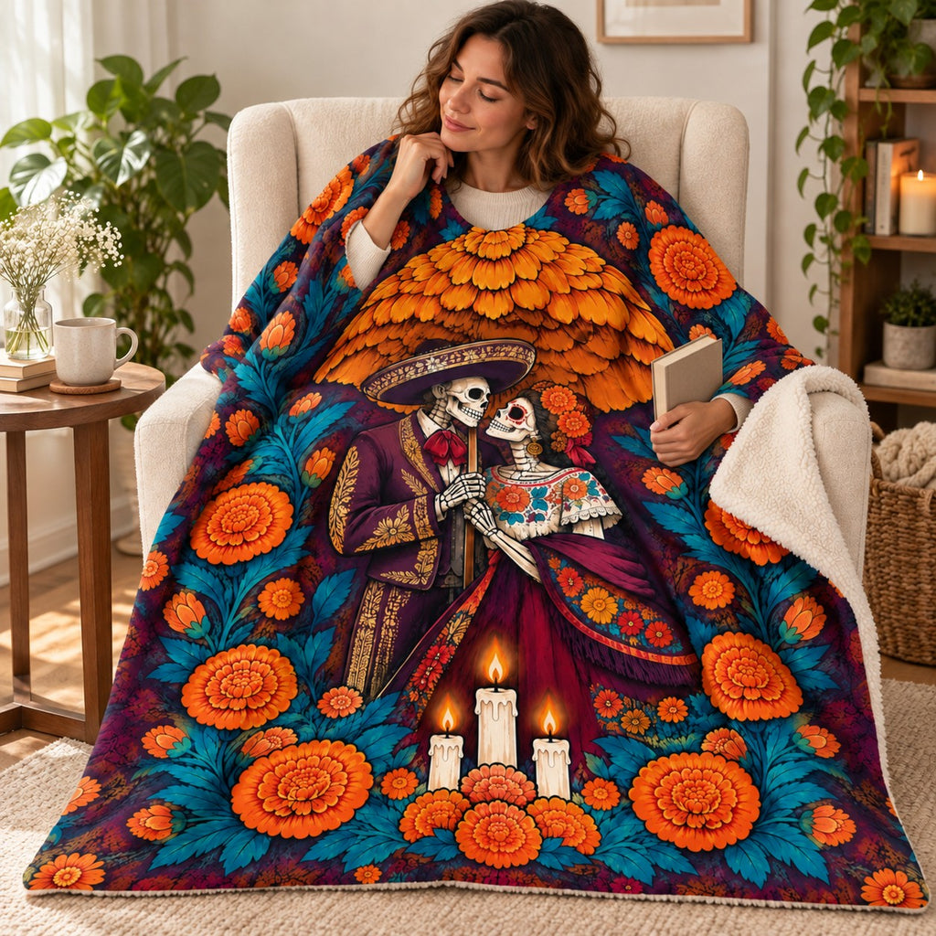 Umbrella of Petals blanket, wrapped around a reader