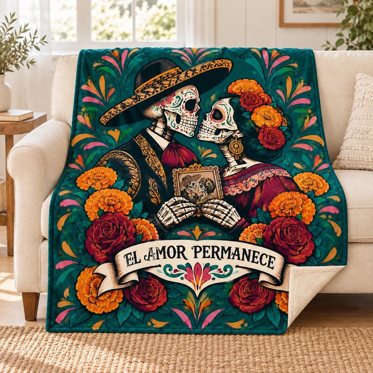 A Kiss Remembered blanket, on a sofa