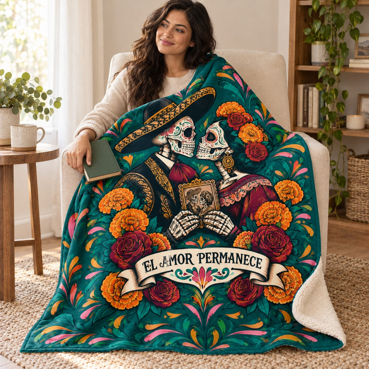 A Kiss Remembered blanket, wrapped around a reader