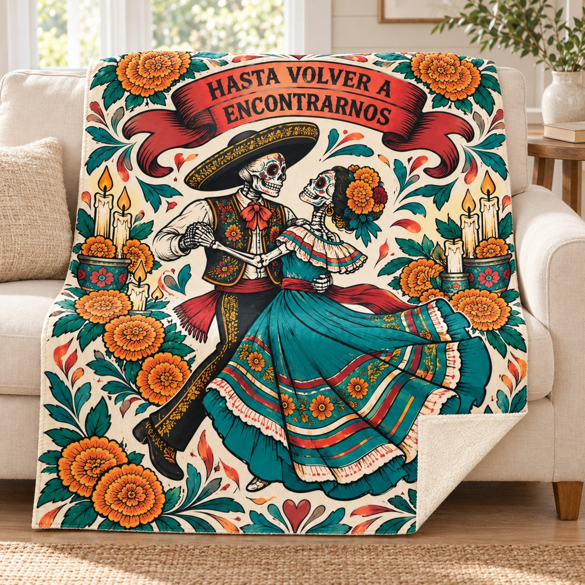 Dancing Ribbons blanket, on a sofa