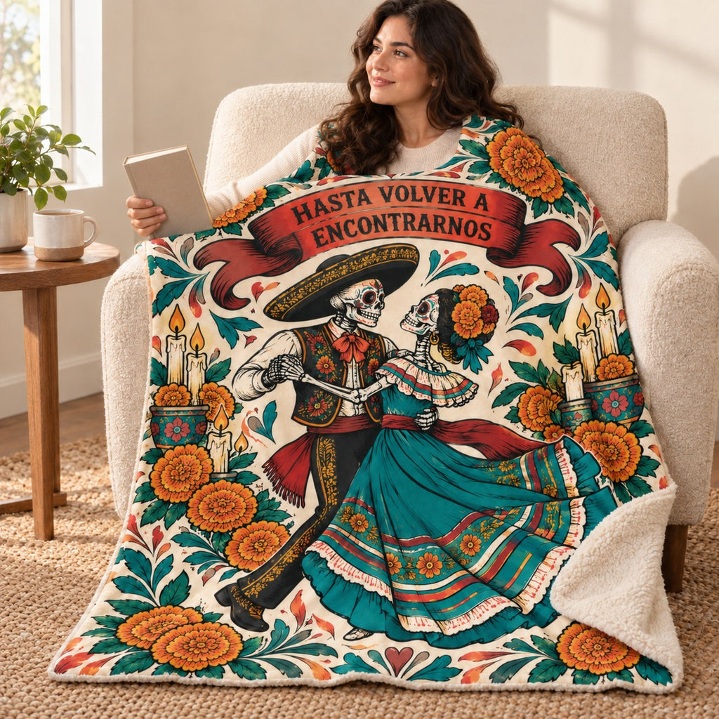 Dancing Ribbons blanket, wrapped around a reader