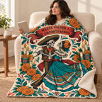 Dancing Ribbons blanket, wrapped around a reader