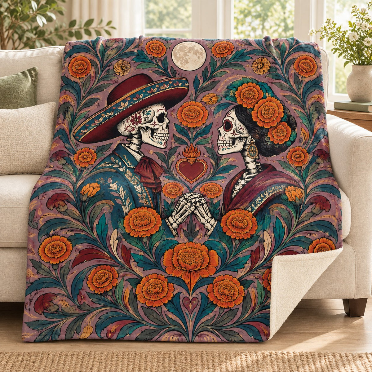 Two Hearts One Garden blanket, on a sofa