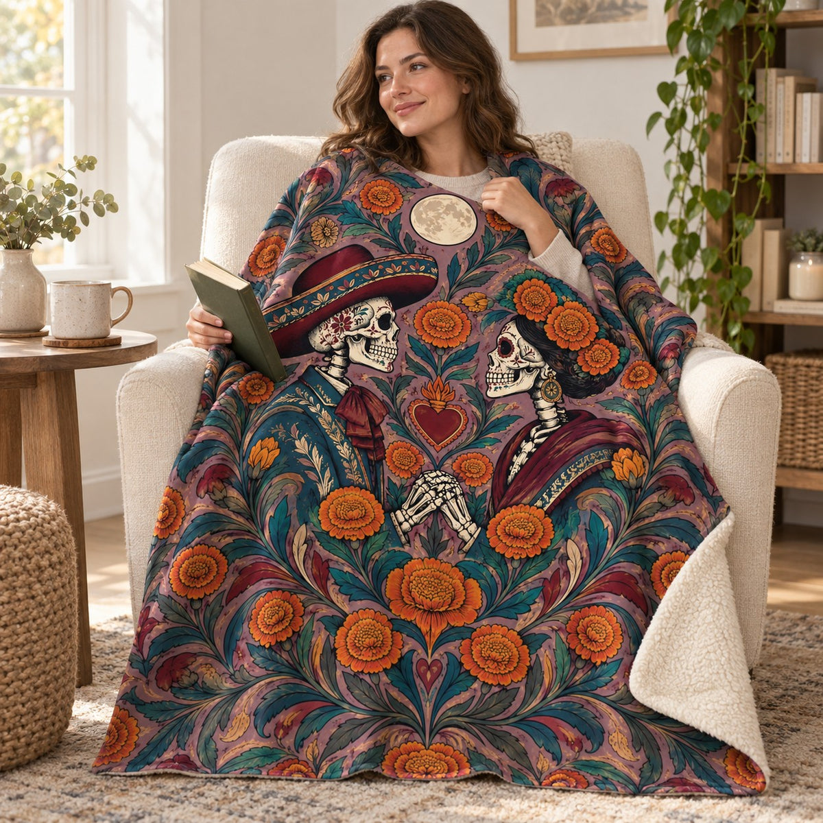 Two Hearts One Garden blanket, wrapped around a reader