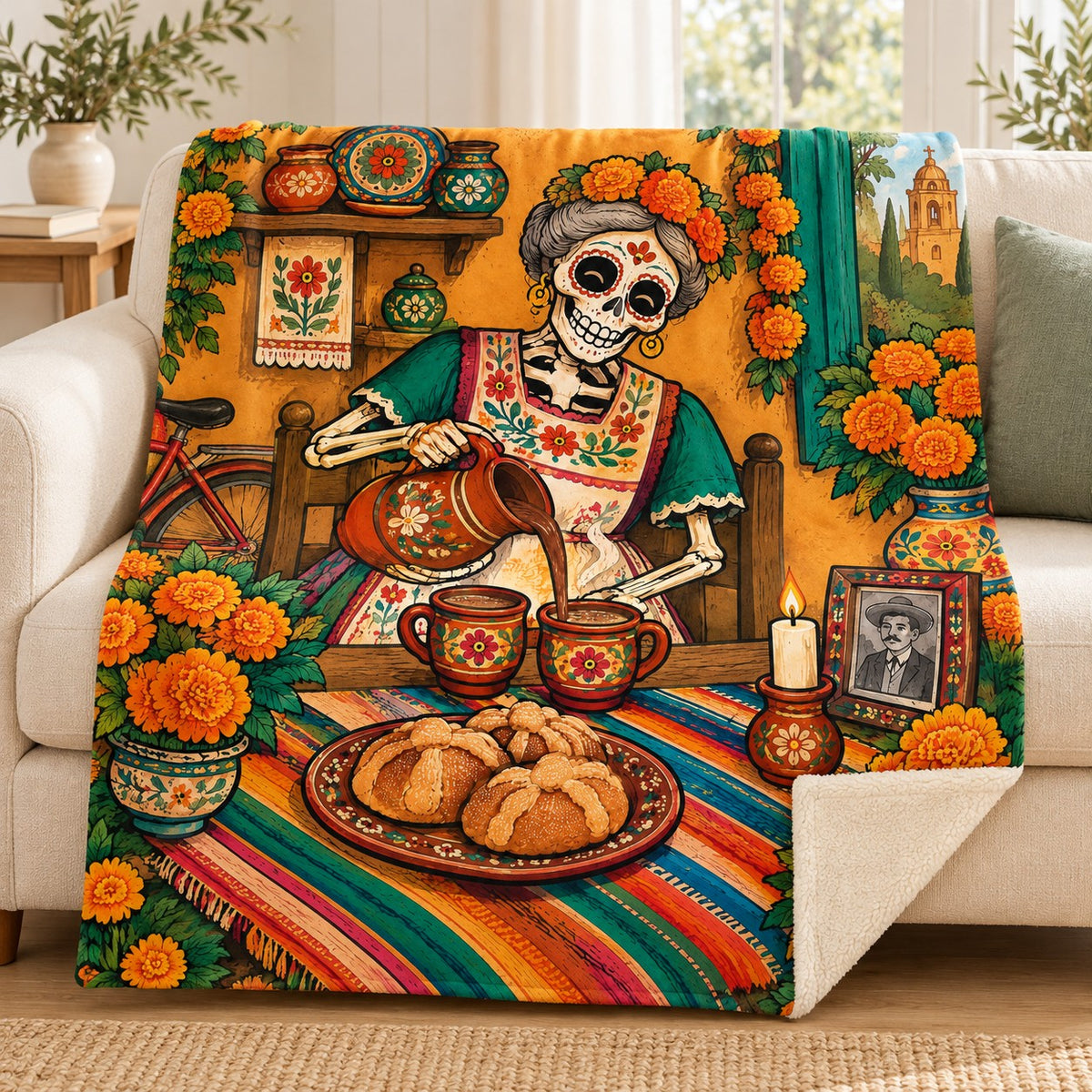 Abuelas Chocolate blanket, on a sofa
