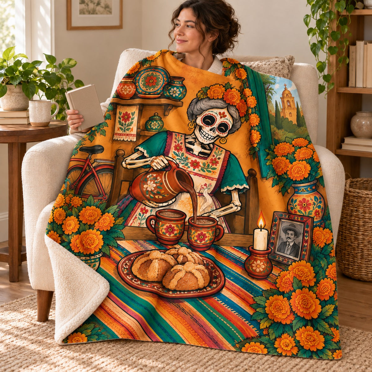 Abuelas Chocolate blanket, wrapped around a reader