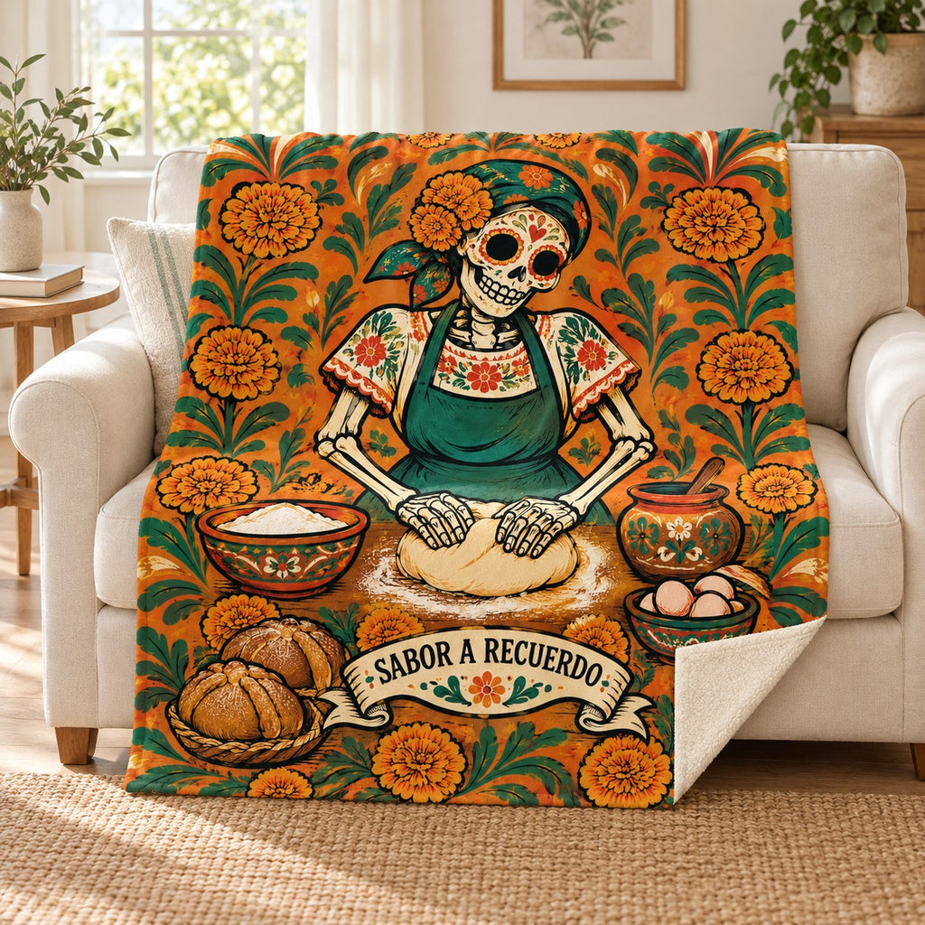 The Family Recipe blanket, on a sofa