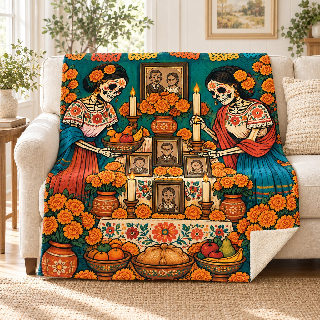 Setting the Ofrenda blanket, on a sofa