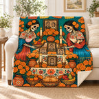 Setting the Ofrenda blanket, on a sofa