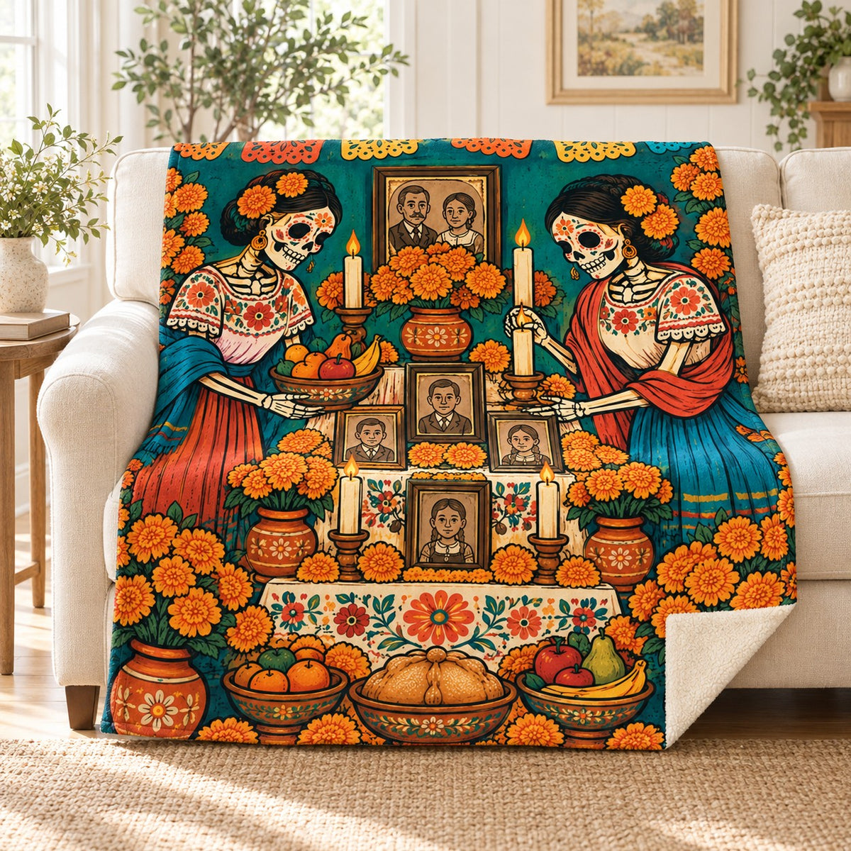 Setting the Ofrenda blanket, on a sofa