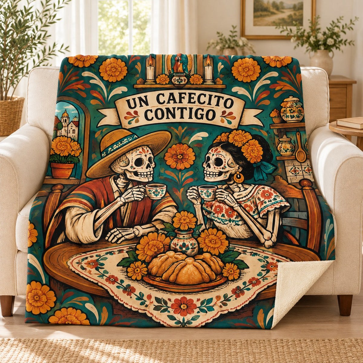 Cafecito Together blanket, on a sofa