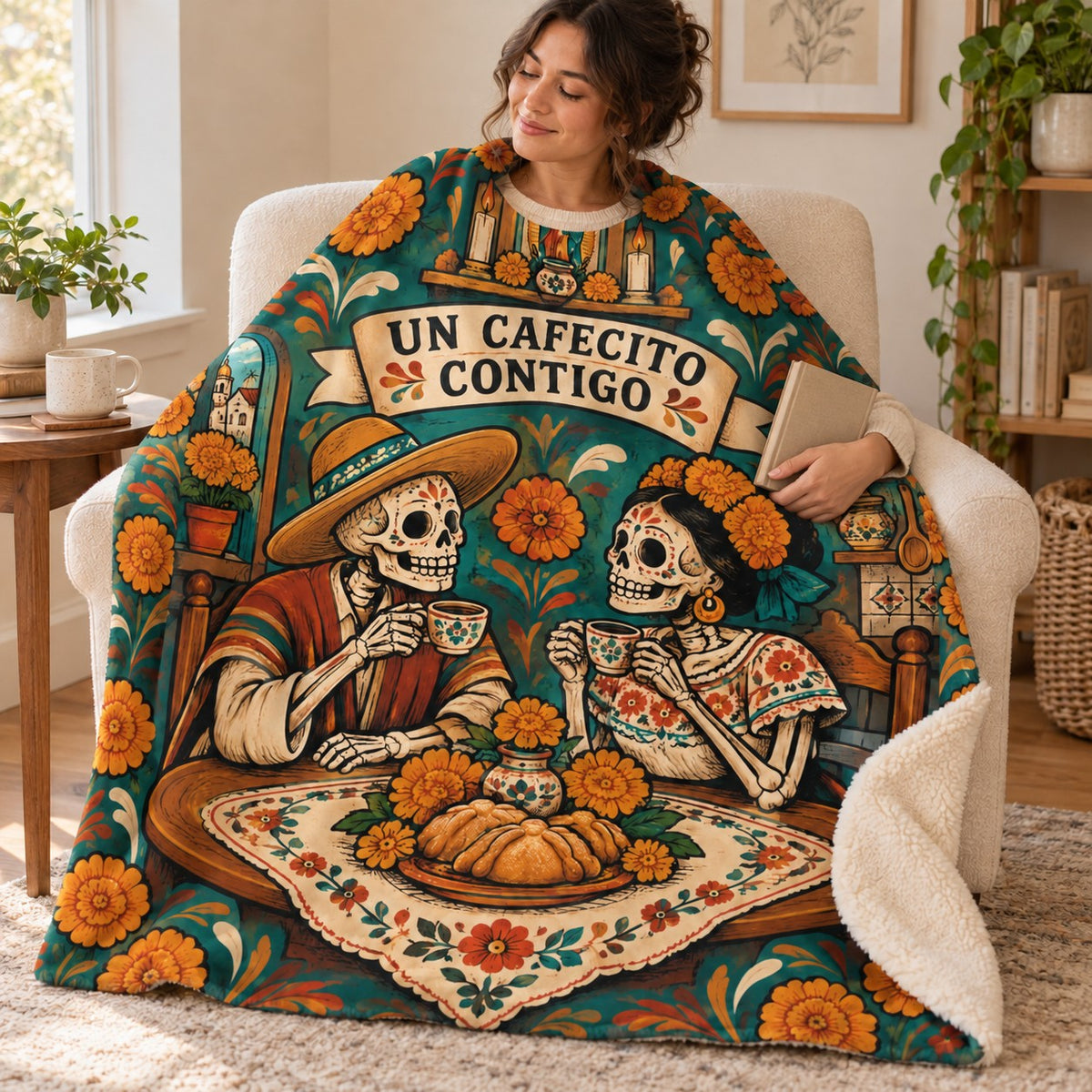 Cafecito Together blanket, wrapped around a reader