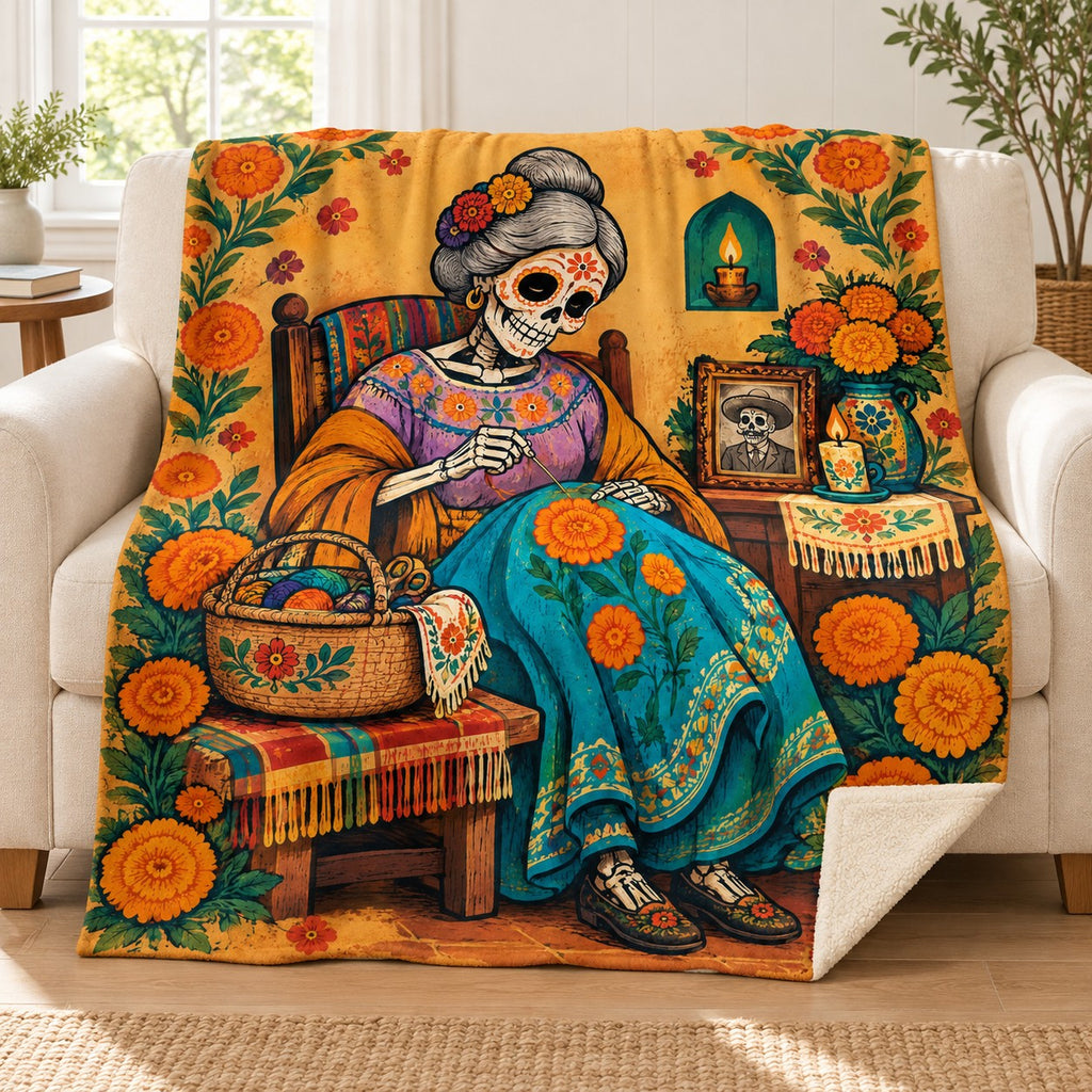 Stitching Memories blanket, on a sofa