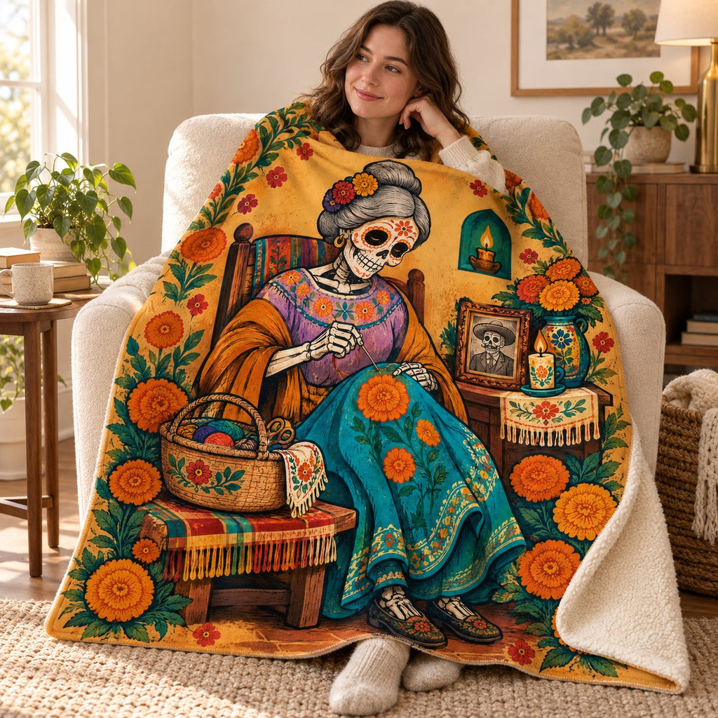 Stitching Memories blanket, wrapped around a reader