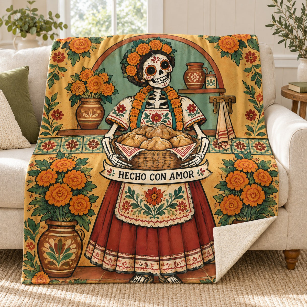 The Bread Basket blanket, on a sofa