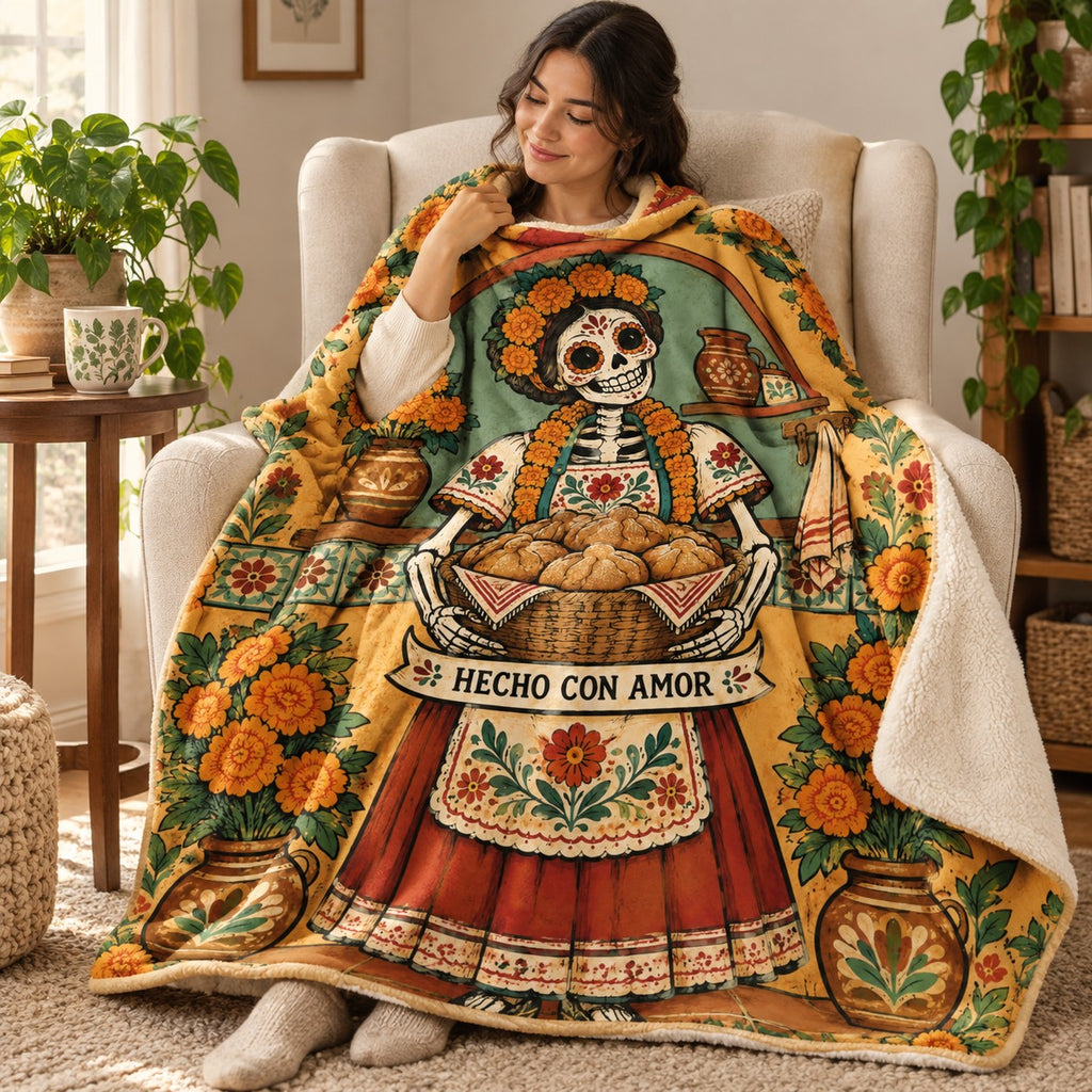 The Bread Basket blanket, wrapped around a reader