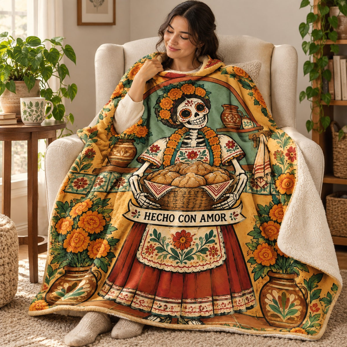 The Bread Basket blanket, wrapped around a reader