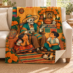 Grandpas Stories blanket, on a sofa