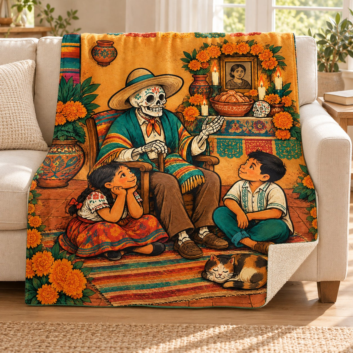 Grandpas Stories blanket, on a sofa