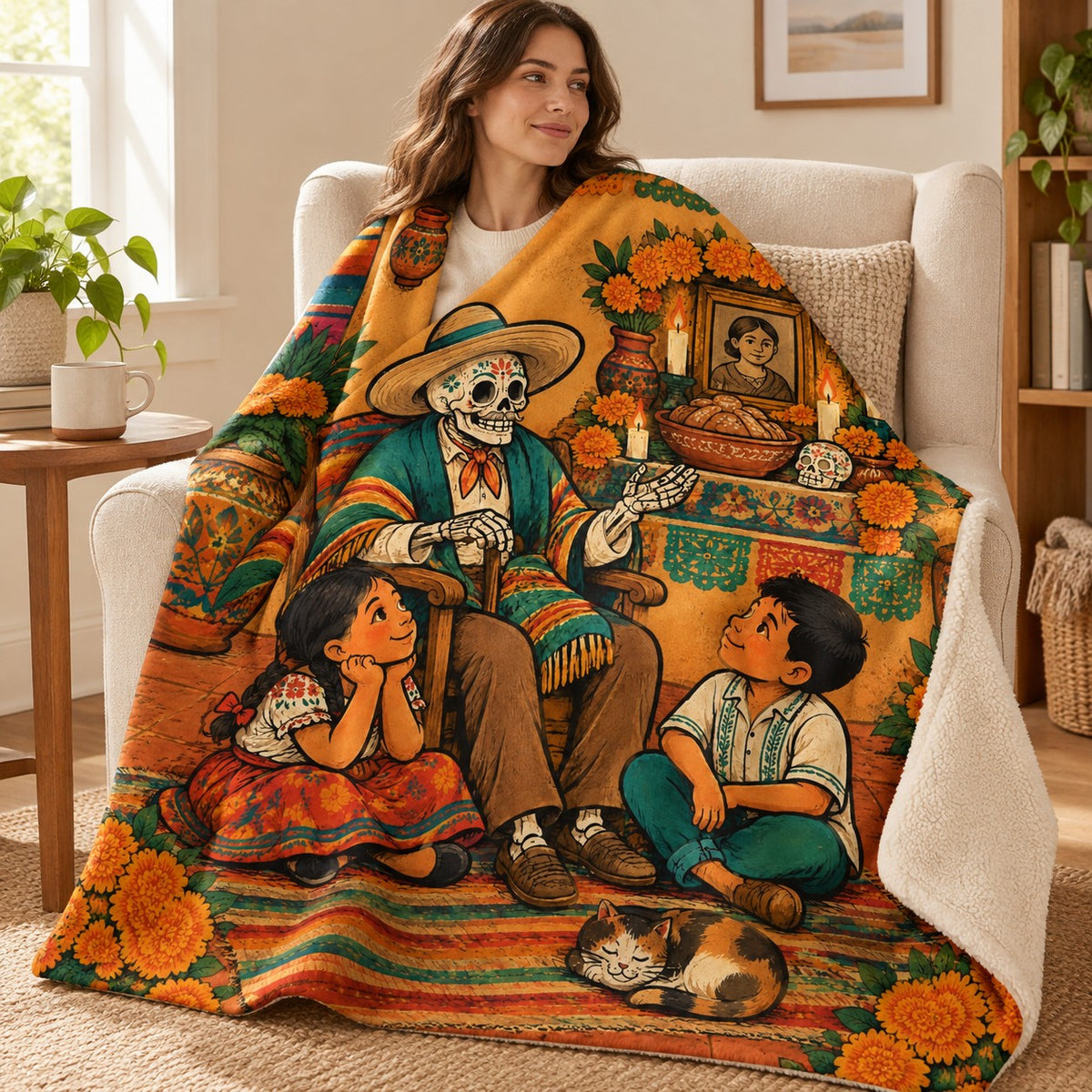 Grandpas Stories blanket, wrapped around a reader