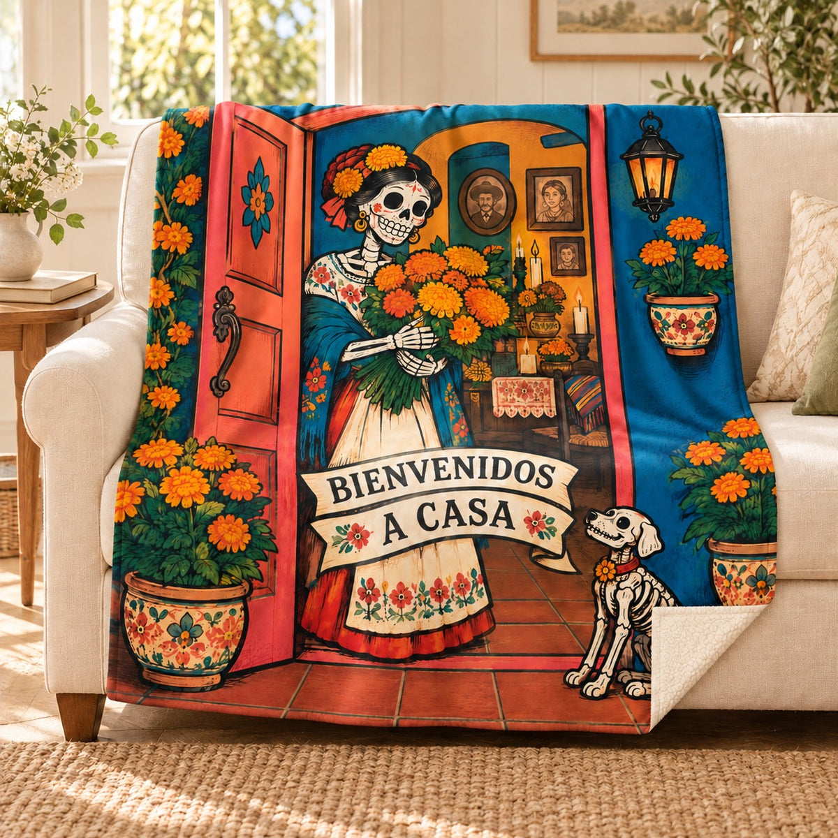 Flowers at the Door blanket, on a sofa