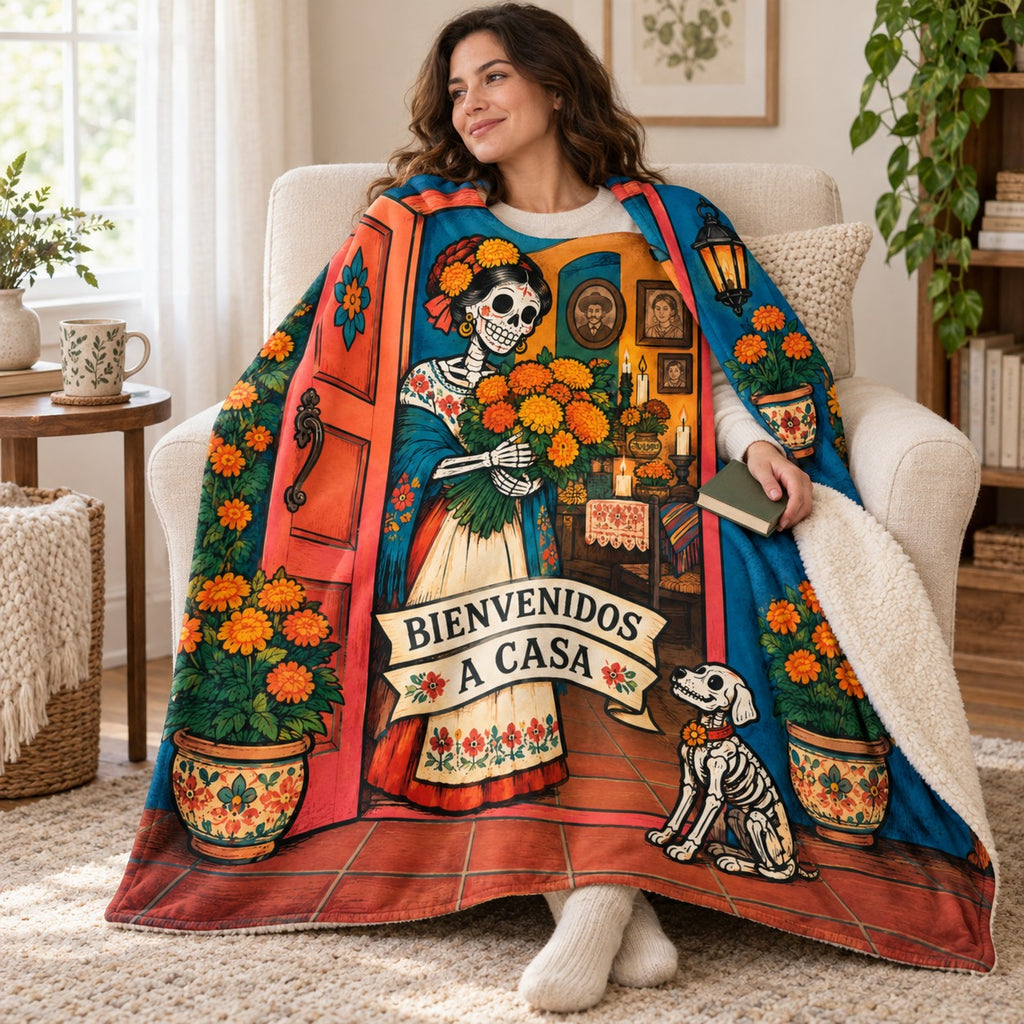 Flowers at the Door blanket, wrapped around a reader
