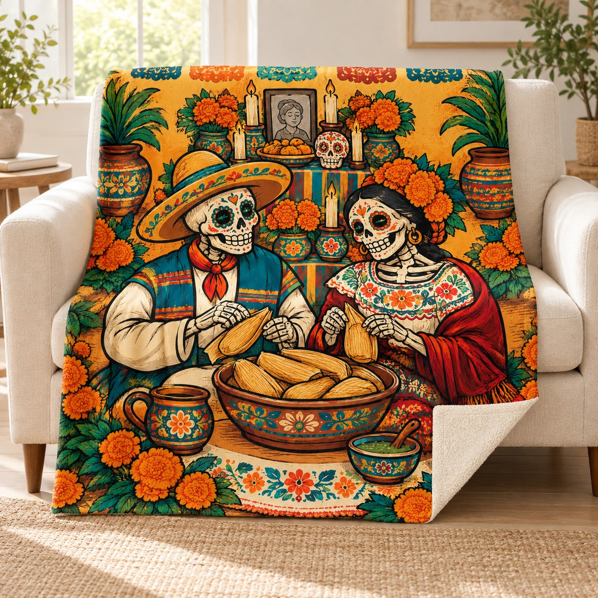 Sunday Tamales blanket, on a sofa