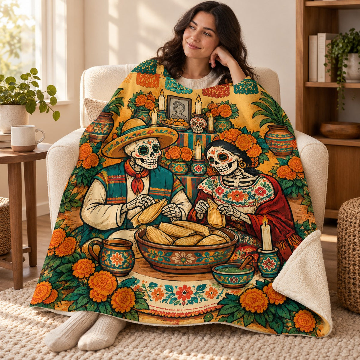 Sunday Tamales blanket, wrapped around a reader