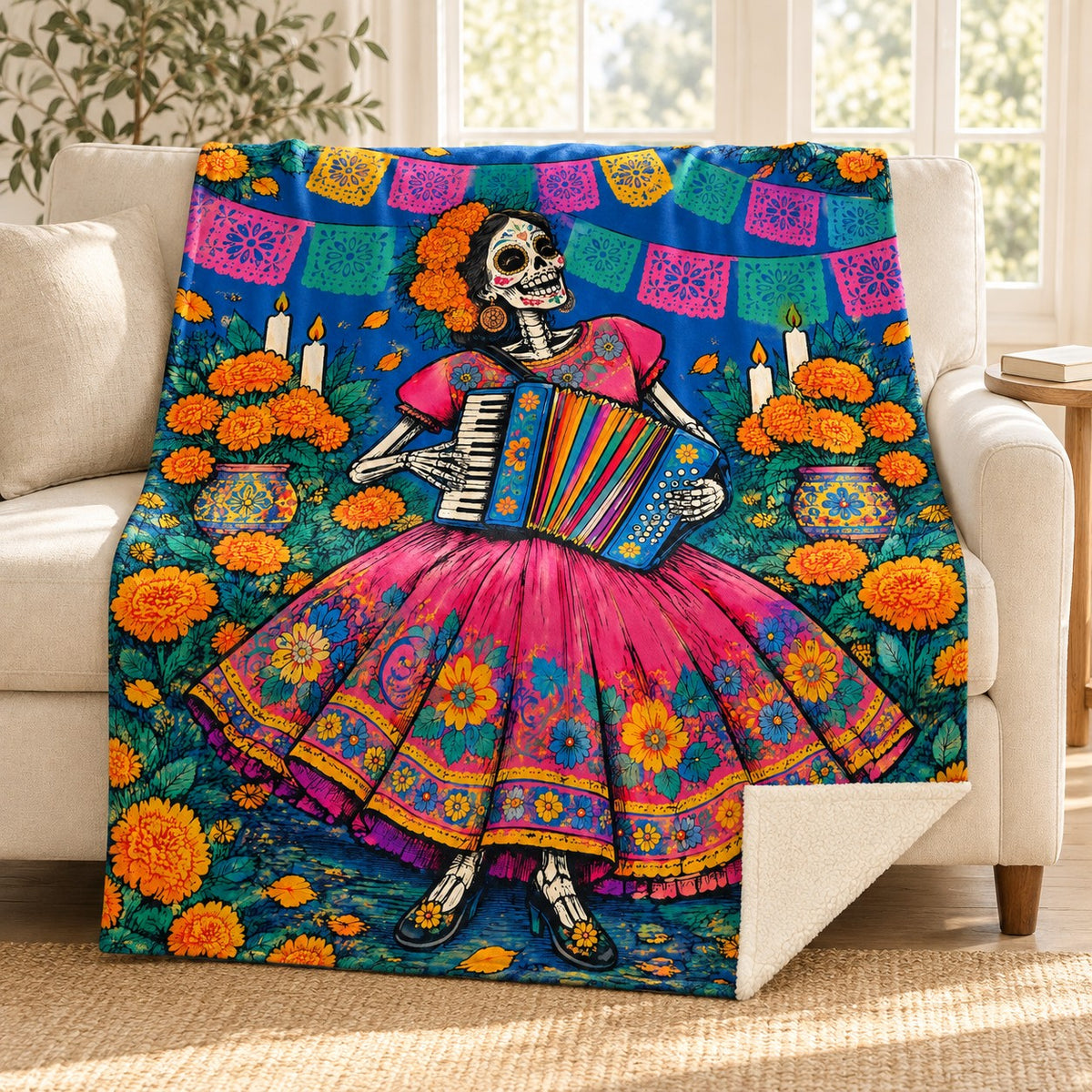 Accordion Joy blanket, on a sofa