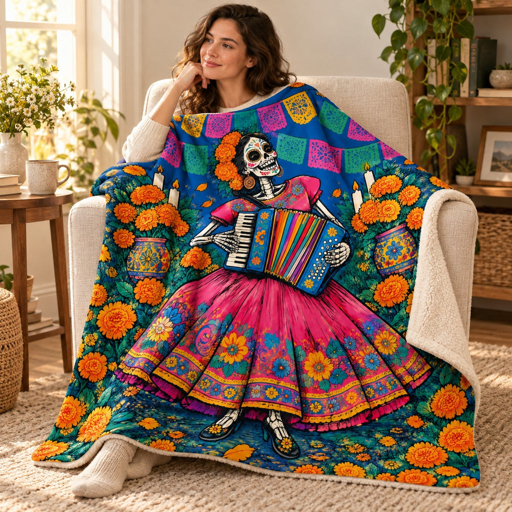 Accordion Joy blanket, wrapped around a reader