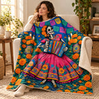Accordion Joy blanket, wrapped around a reader
