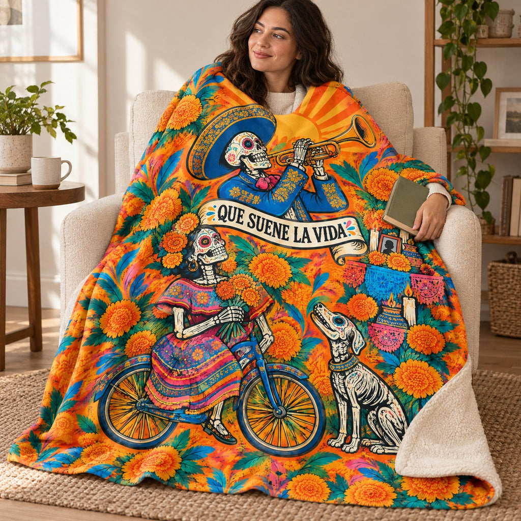 Trumpet at Dawn blanket, wrapped around a reader