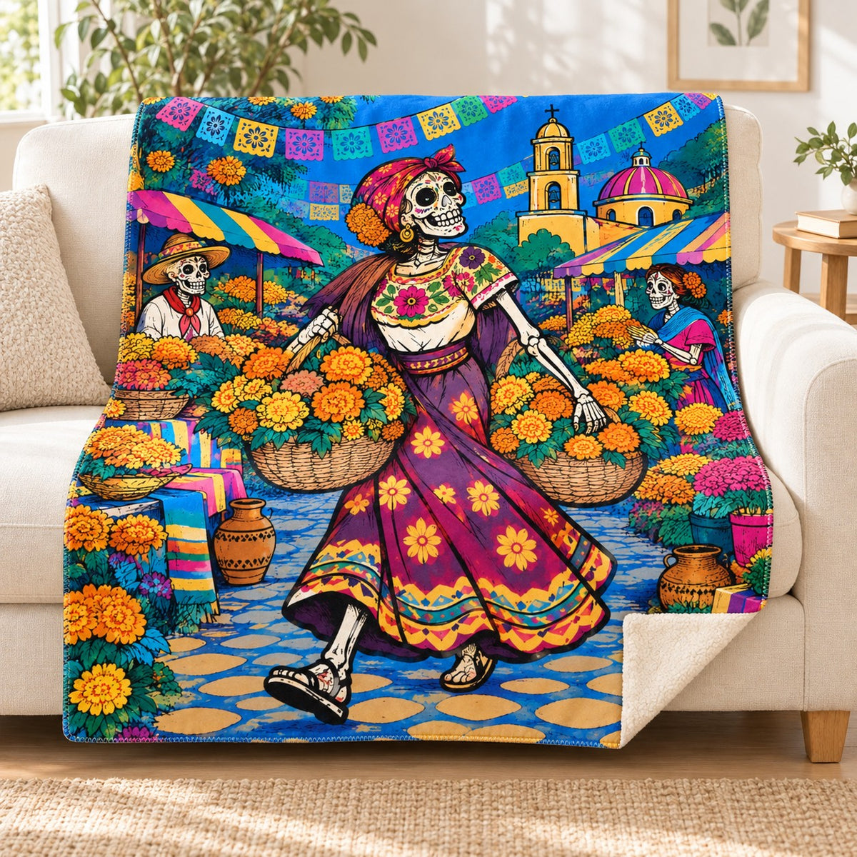 Flower Seller blanket, on a sofa