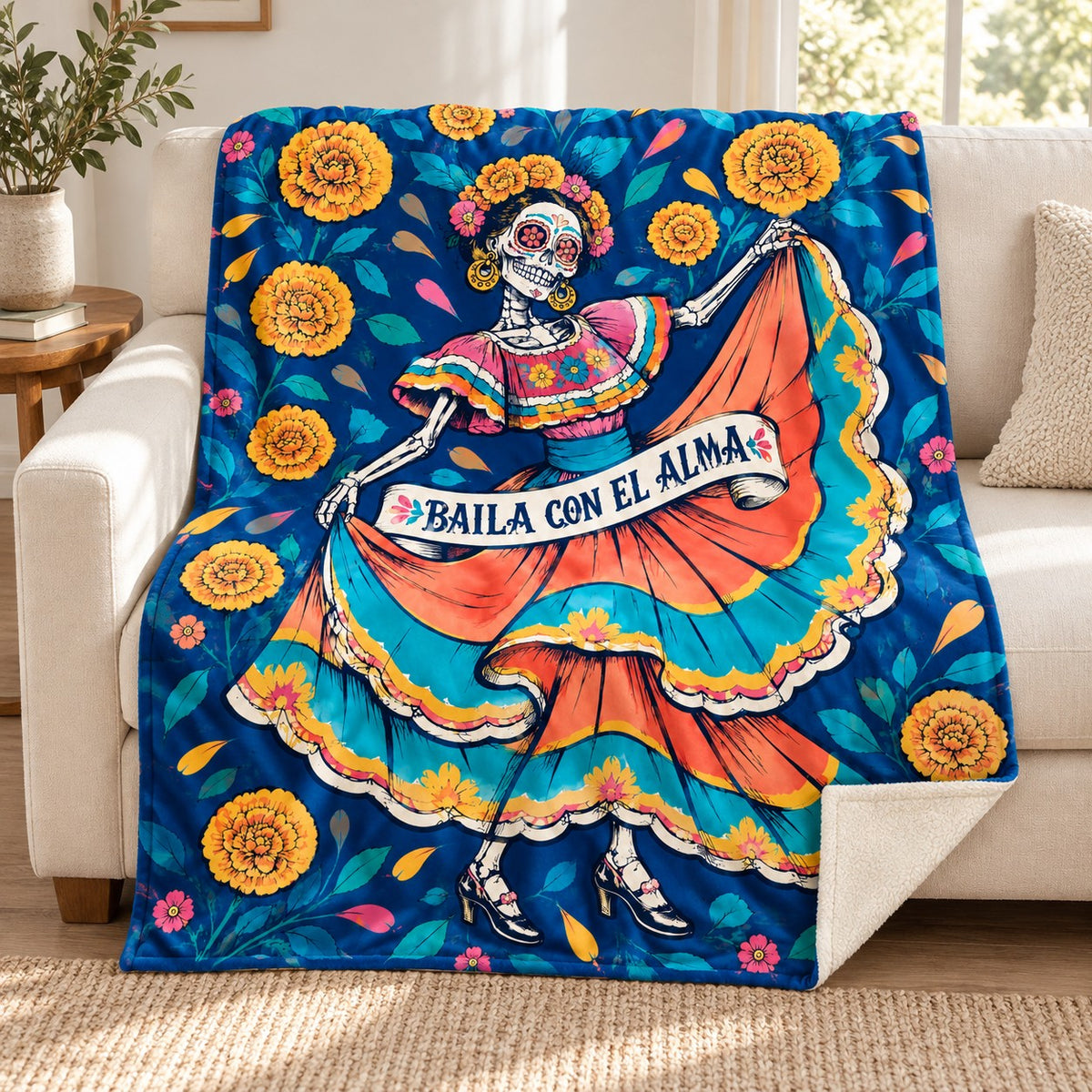 Folklorico Whirl blanket, on a sofa