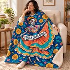 Folklorico Whirl blanket, wrapped around a reader