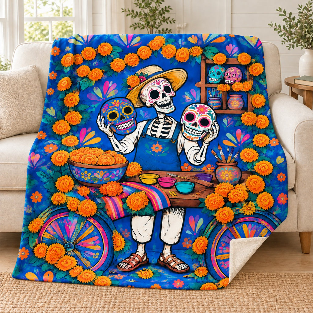 The Mask Maker blanket, on a sofa