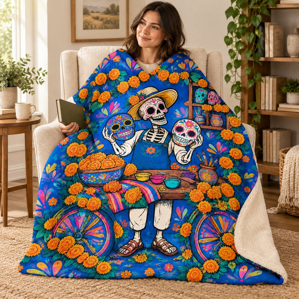 The Mask Maker blanket, wrapped around a reader