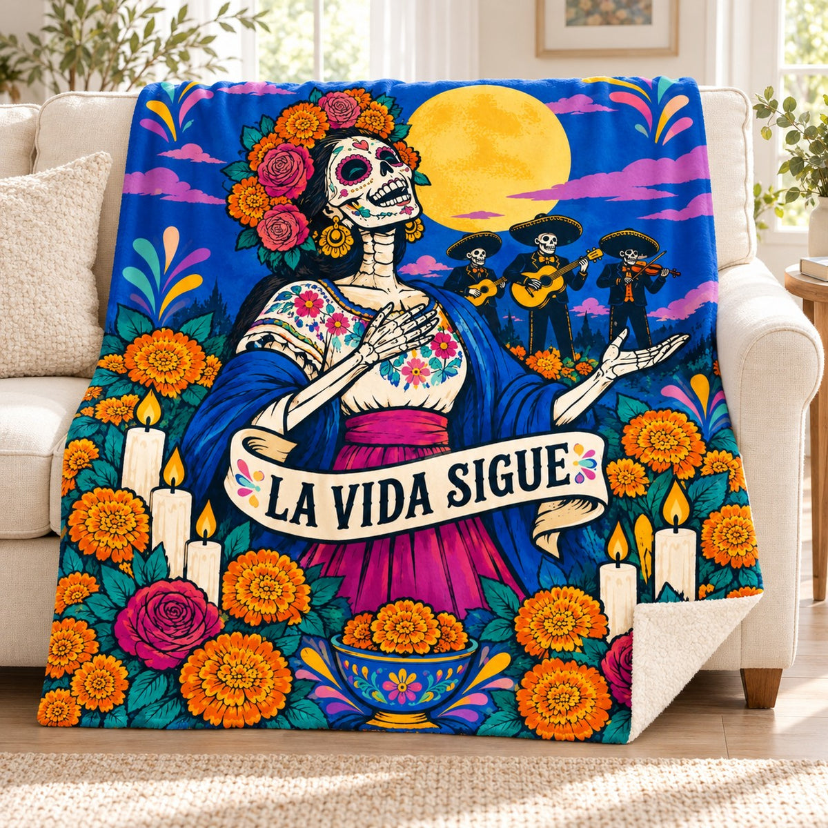 The Plaza Singer blanket, on a sofa