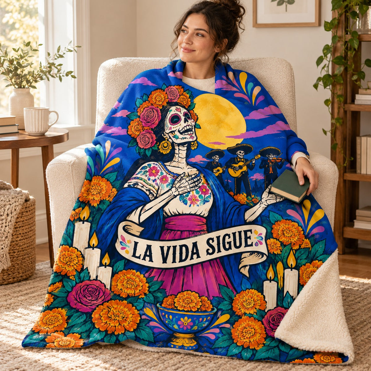 The Plaza Singer blanket, wrapped around a reader