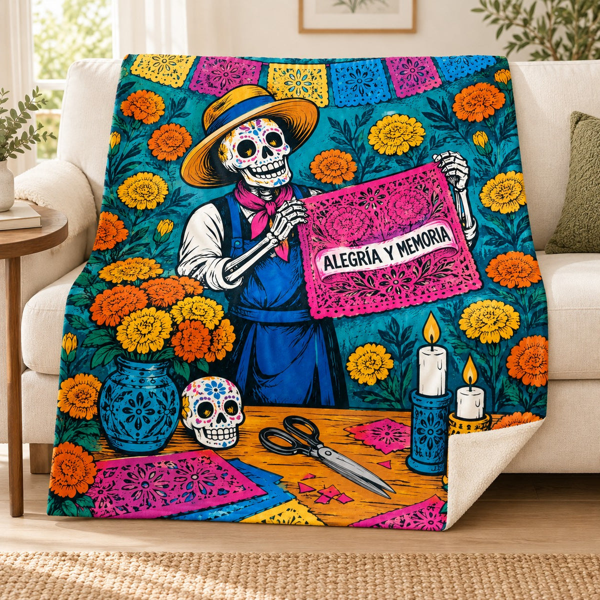 The Paper Artist blanket, on a sofa