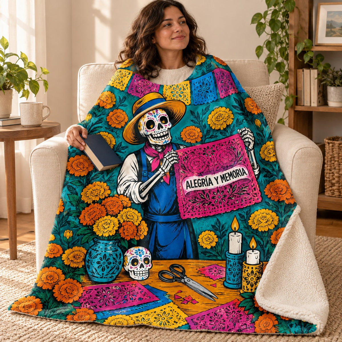 The Paper Artist blanket, wrapped around a reader