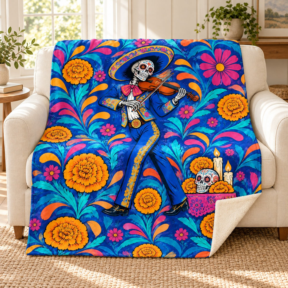 The Violinist blanket, on a sofa