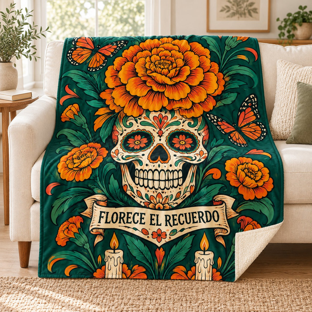 Marigold Rebirth blanket, on a sofa