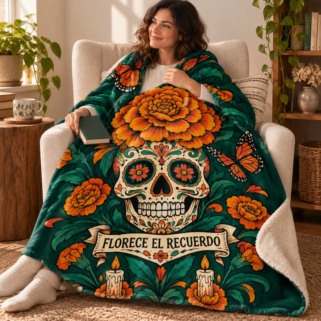 Marigold Rebirth blanket, wrapped around a reader